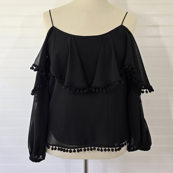 Misa Los Angeles Elisa Cold Shoulder Long Sleeve Pom Pom Top Medium Black - Picture 3 of 12
